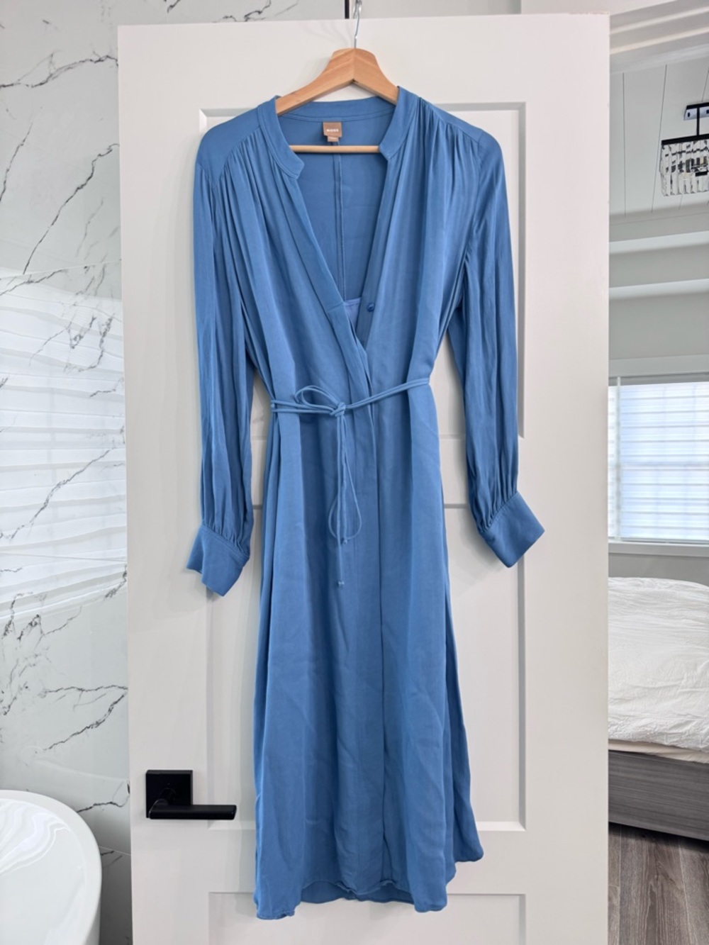 Boss Dusty Blue Long Sleeve Wrap Dress with Tie Waist
